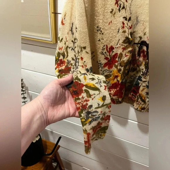 #101 JACQUELINE RIU Tan & flowers pattern cardigan blend wool & mohair size XL - Picture 7 of 11